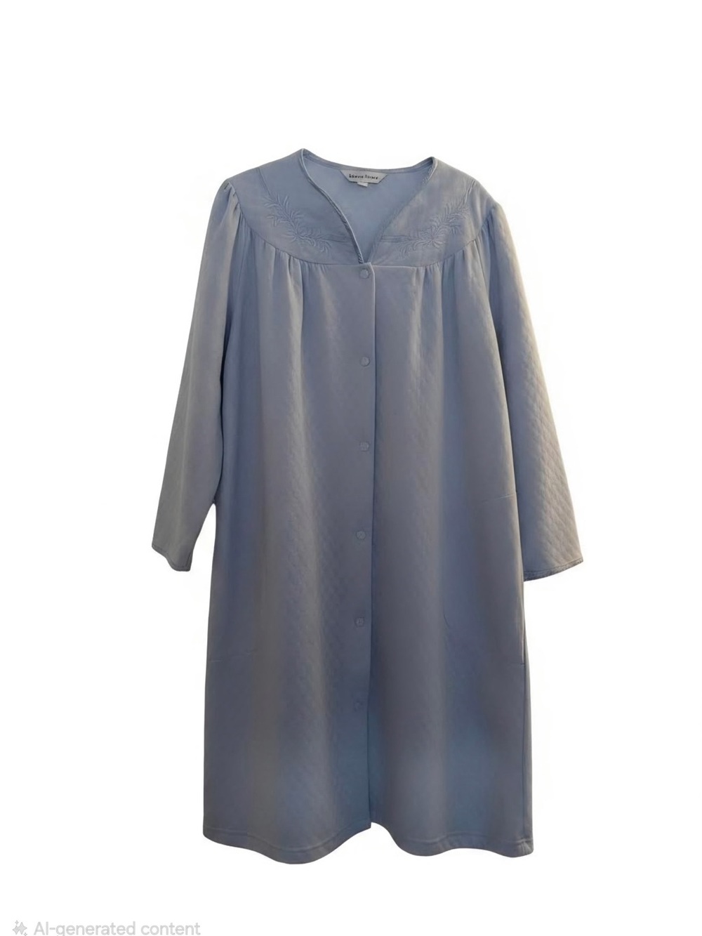 Light Blue Button Front Housecoat with Embroidered Yoke